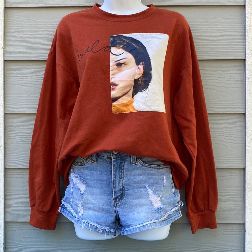 Lightweight Wild Graphic Rust Brown Burnt Org Crewneck Pullover Sweatshirt Shein